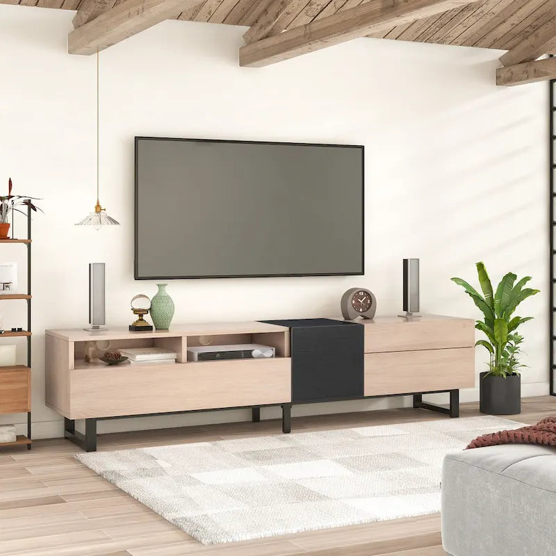 Mobile porta TV per TV da 80 pollici con doppio spazio di archiviazione, consolle per media, centro di intrattenimento con anta a ribalta
