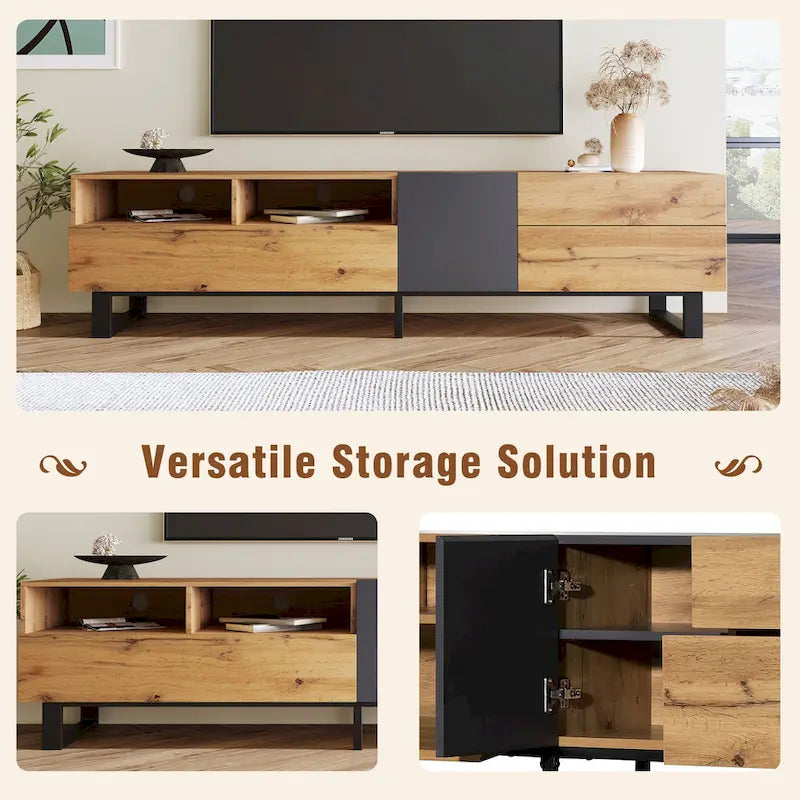 Mobile porta TV per TV da 80 pollici con doppio spazio di archiviazione, consolle per media, centro di intrattenimento con anta a ribalta