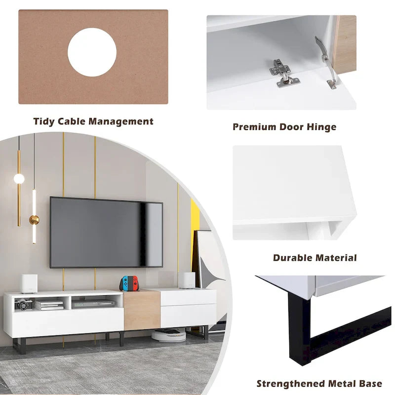 Mobile porta TV per TV da 80 pollici con doppio spazio di archiviazione, consolle per media, centro di intrattenimento con anta a ribalta