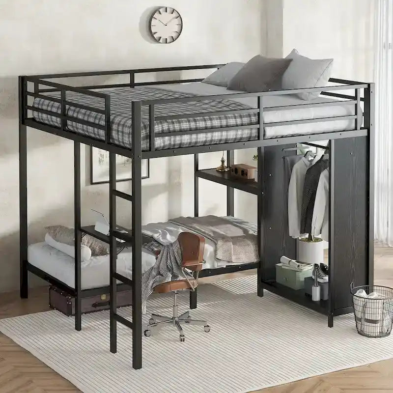Struttura letto a castello King su Twin XL con armadio integrato e scrivania pieghevole, nera