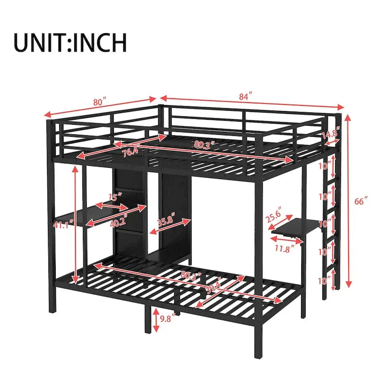 Struttura letto a castello King su Twin XL con armadio integrato e scrivania pieghevole, nera
