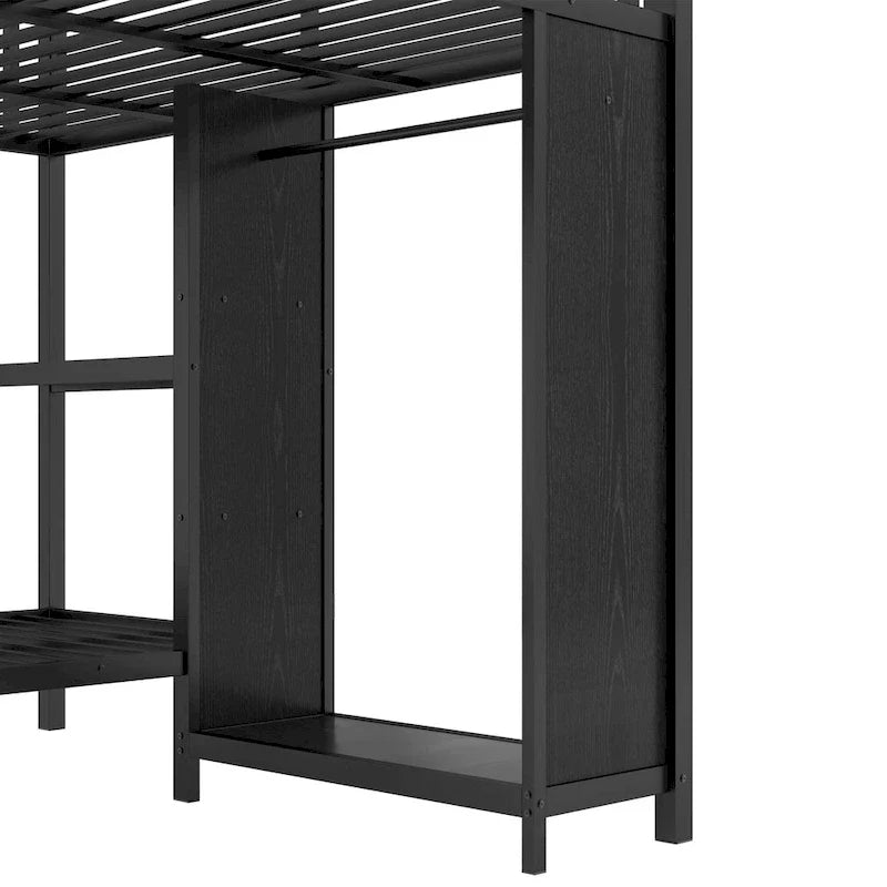 Struttura letto a castello King su Twin XL con armadio integrato e scrivania pieghevole, nera