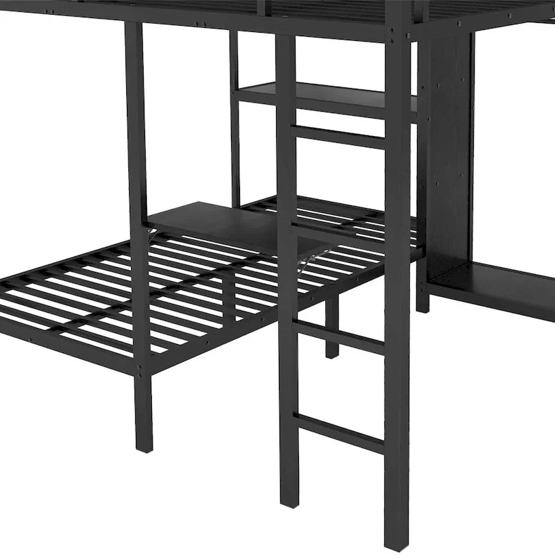 Struttura letto a castello King su Twin XL con armadio integrato e scrivania pieghevole, nera