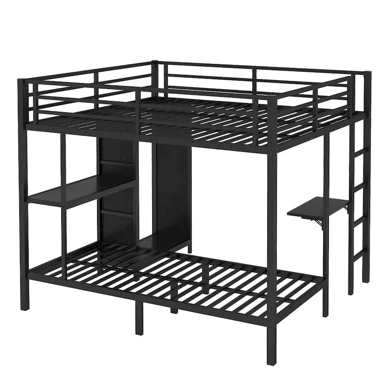 Struttura letto a castello King su Twin XL con armadio integrato e scrivania pieghevole, nera