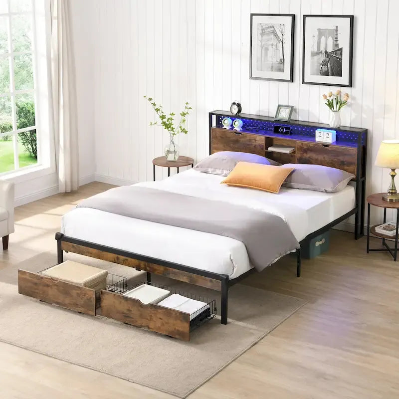 Struttura letto matrimoniale King Size in metallo con testiera in legno e luci a LED