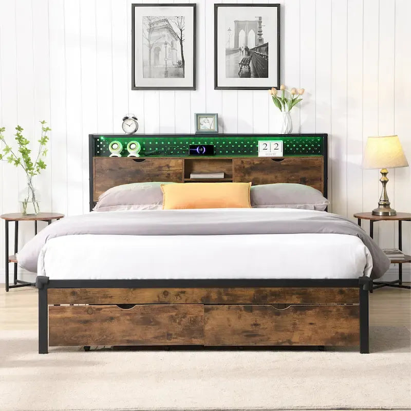 Struttura letto matrimoniale King Size in metallo con testiera in legno e luci a LED