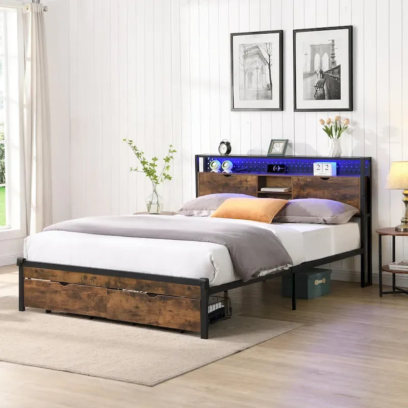 Struttura letto matrimoniale King Size in metallo con testiera in legno e luci a LED