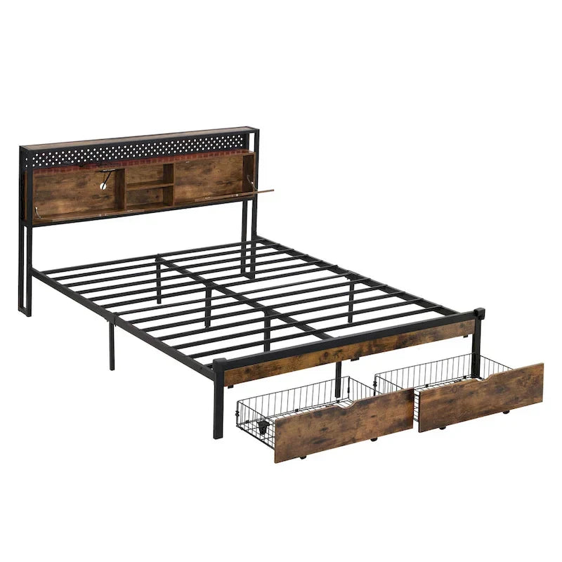Struttura letto matrimoniale King Size in metallo con testiera in legno e luci a LED