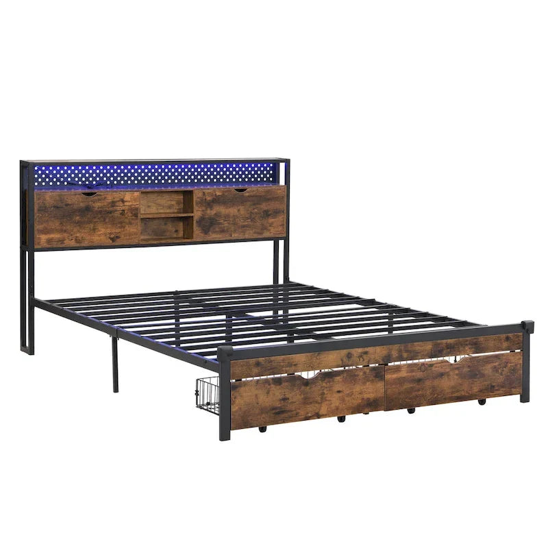 Struttura letto matrimoniale King Size in metallo con testiera in legno e luci a LED