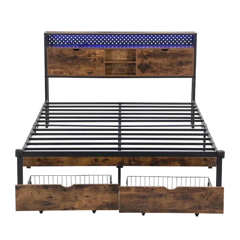 Struttura letto matrimoniale King Size in metallo con testiera in legno e luci a LED