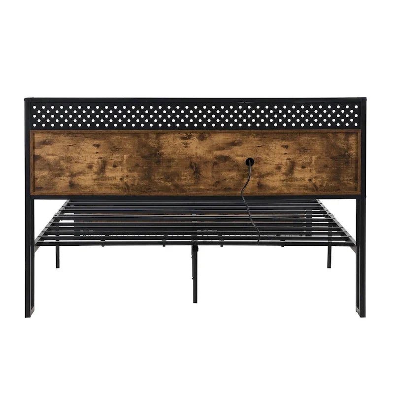 Struttura letto matrimoniale King Size in metallo con testiera in legno e luci a LED