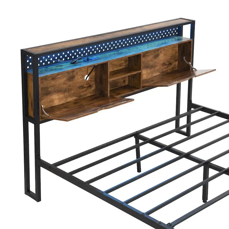 Struttura letto matrimoniale King Size in metallo con testiera in legno e luci a LED