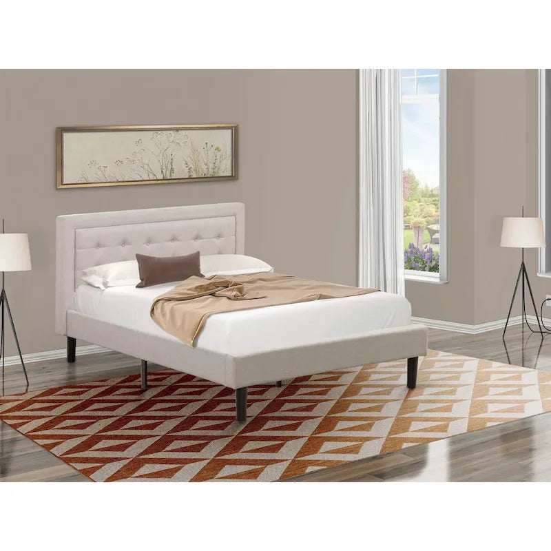 Letto a piattaforma - Testiera in tessuto di lino imbottita con finiture capitonné - Gambe nere