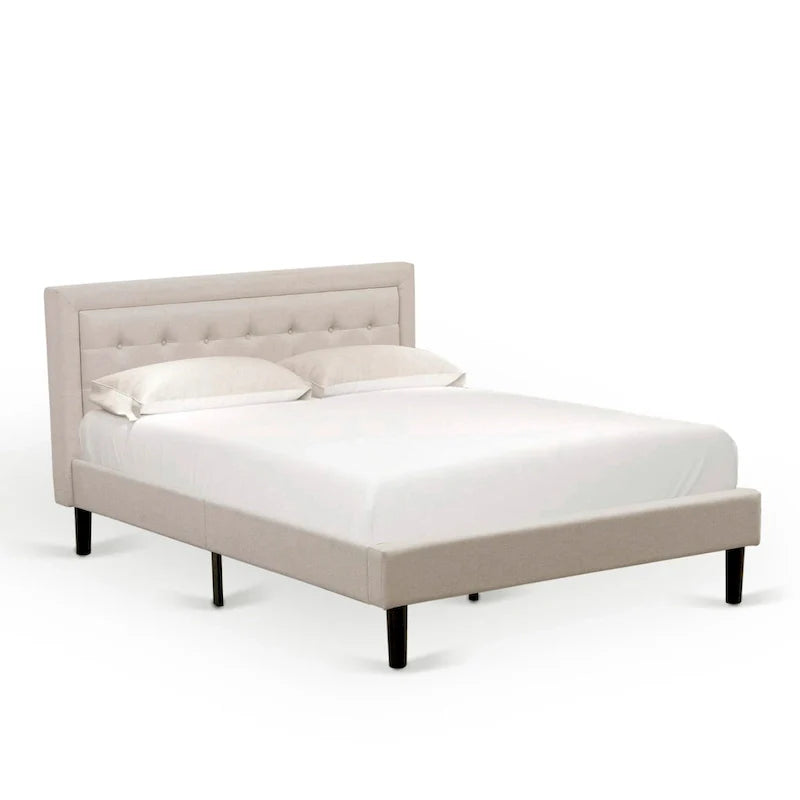 Letto a piattaforma - Testiera in tessuto di lino imbottita con finiture capitonné - Gambe nere