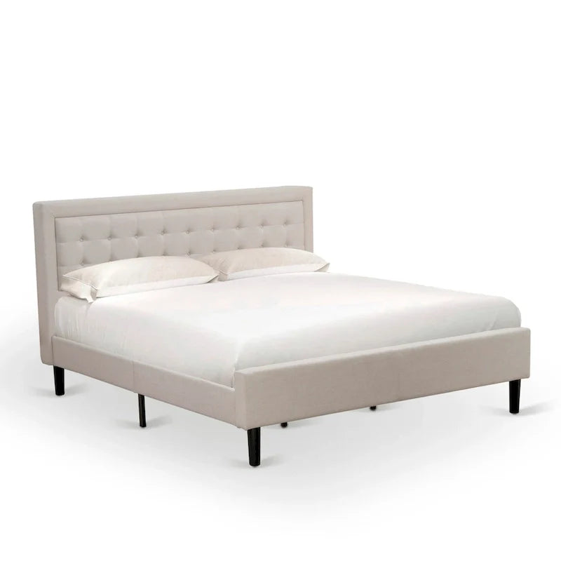 Letto a piattaforma - Testiera in tessuto di lino imbottita con finiture capitonné - Gambe nere