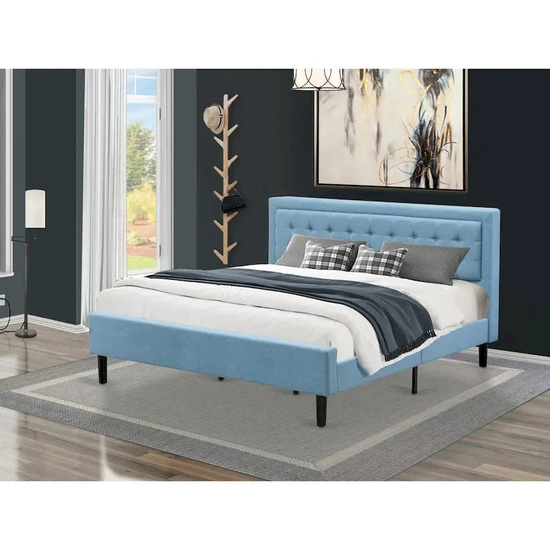 Letto a piattaforma - Testiera in tessuto di lino imbottita con finiture capitonné - Gambe nere