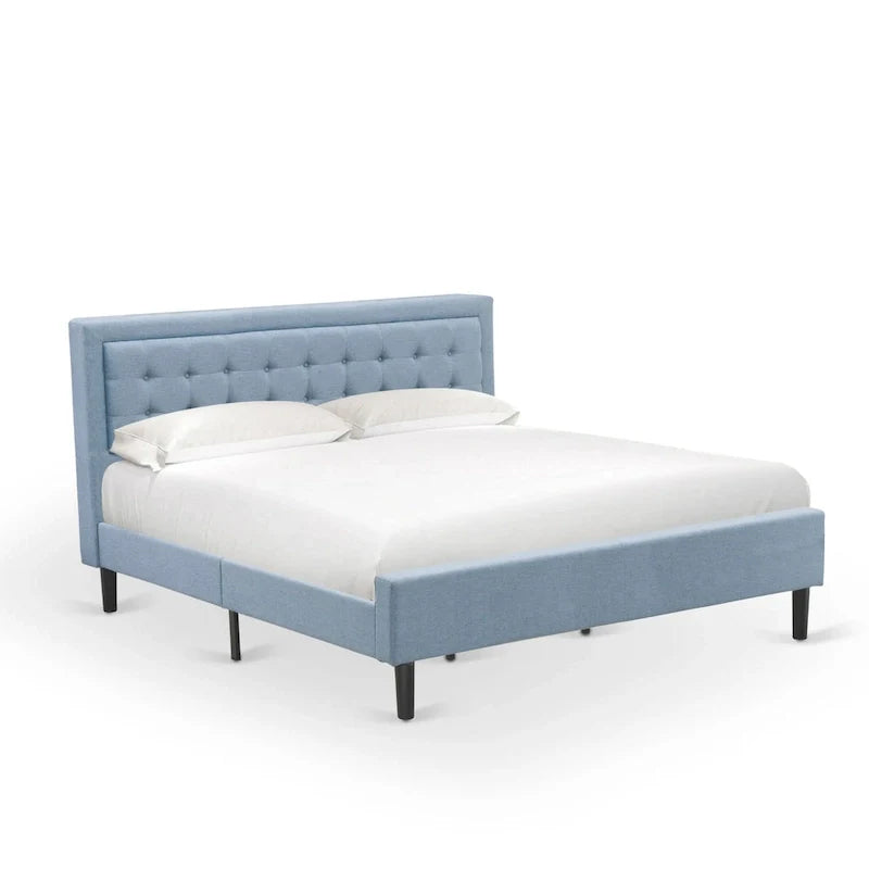 Letto a piattaforma - Testiera in tessuto di lino imbottita con finiture capitonné - Gambe nere