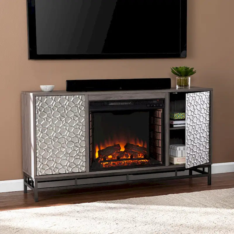 Mobile TV con camino elettrico in legno grigio contemporaneo