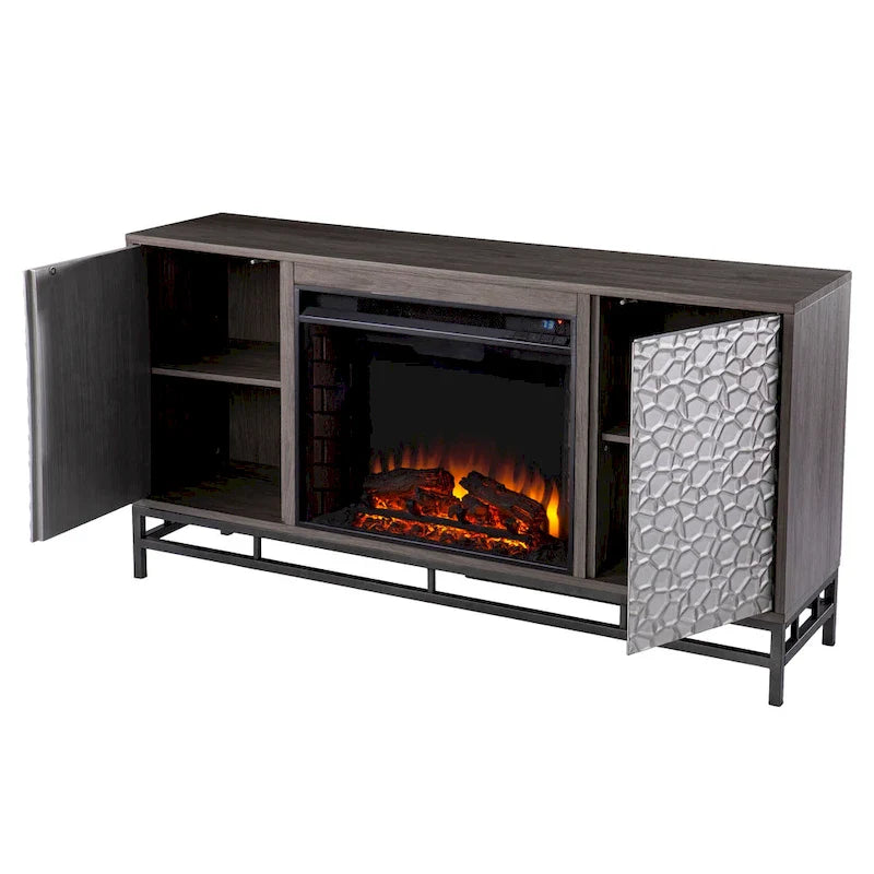 Mobile TV con camino elettrico in legno grigio contemporaneo