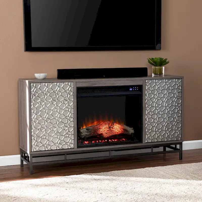 Mobile TV con camino elettrico in legno grigio contemporaneo