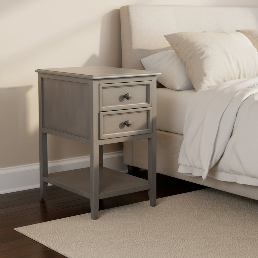 Comodino vintage grigio a due cassetti