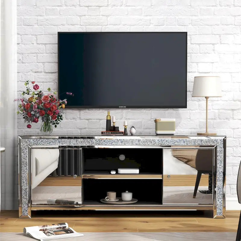 Mobile porta TV a specchio da 59 pollici con intarsi di diamanti tritati e armadietti.