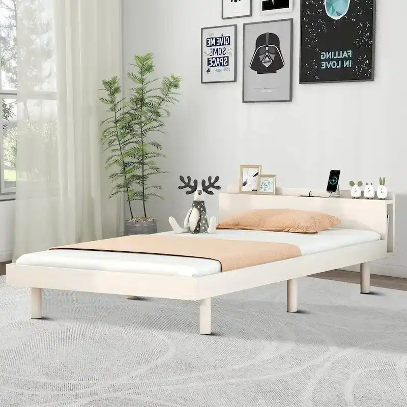 Struttura Letto a Piattaforma Matrimoniale in Legno con Porta di Ricarica USB