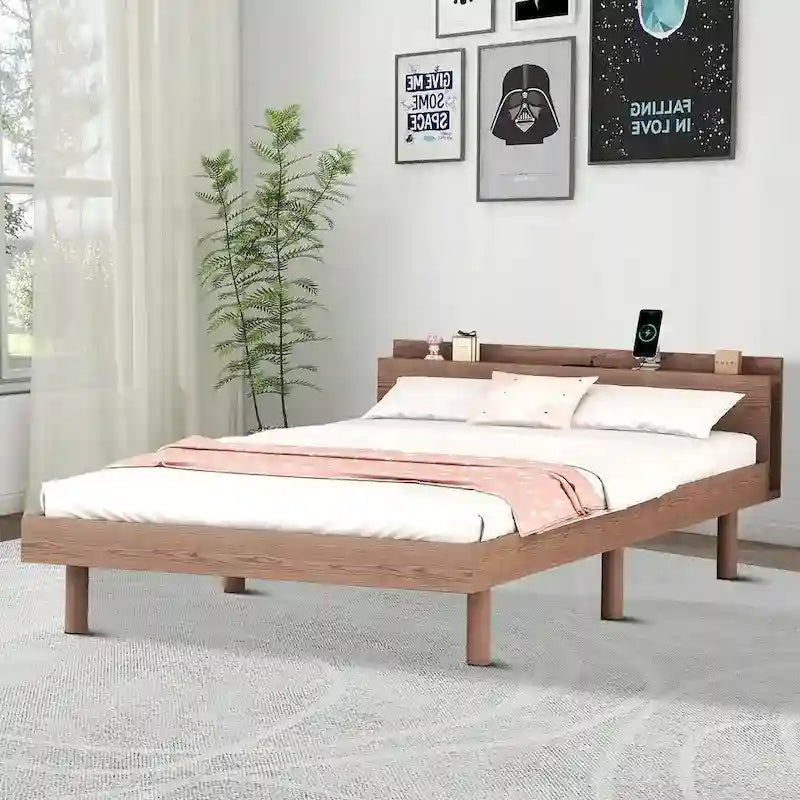 Struttura Letto a Piattaforma Matrimoniale in Legno con Porta di Ricarica USB
