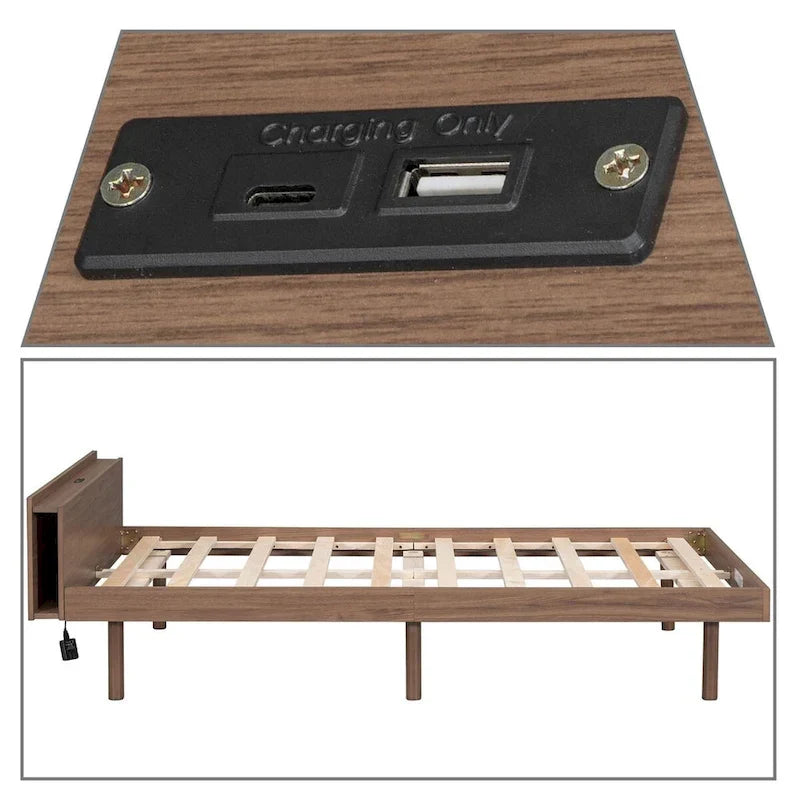 Struttura Letto a Piattaforma Matrimoniale in Legno con Porta di Ricarica USB