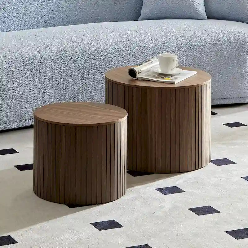Tavolino da caffè rotondo impilabile, set da 2, in MDF con funzione contenitore