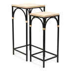 Set di 2 tavolini quadrati in legno e metallo con dettagli in rattan