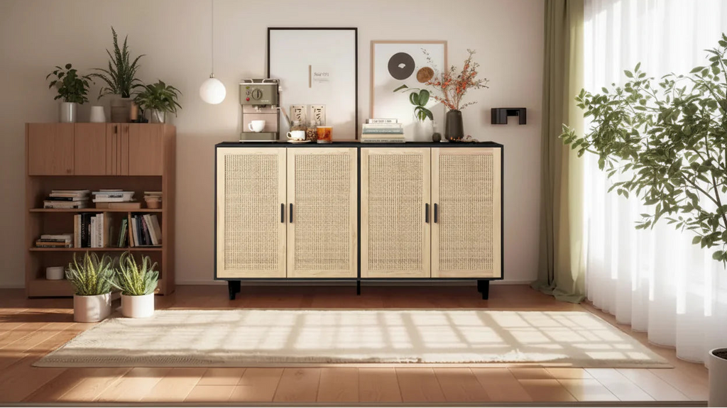 Mobile Contenitore a 4 Ante in Rattan con Piedini in Legno Massello