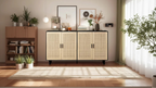 Mobile Contenitore a 4 Ante in Rattan con Piedini in Legno Massello