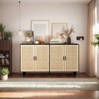 Mobile Contenitore a 4 Ante in Rattan con Piedini in Legno Massello