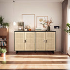 Mobile Contenitore a 4 Ante in Rattan con Piedini in Legno Massello