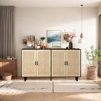 Mobile Contenitore a 4 Ante in Rattan con Piedini in Legno Massello