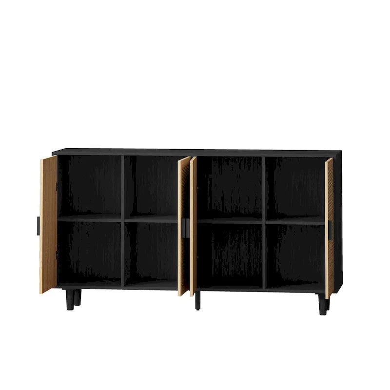 Mobile Contenitore a 4 Ante in Rattan con Piedini in Legno Massello