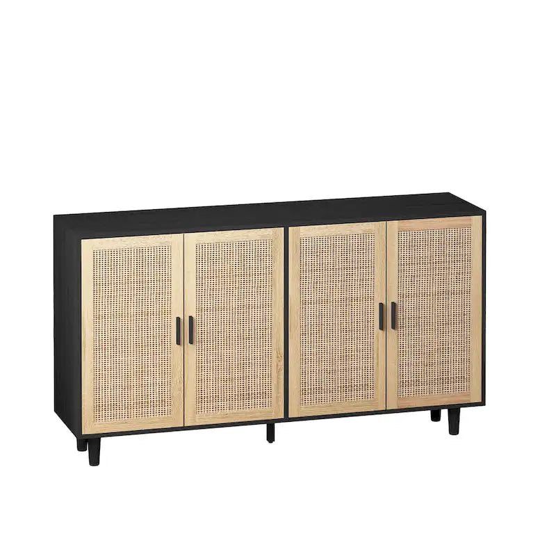Mobile Contenitore a 4 Ante in Rattan con Piedini in Legno Massello