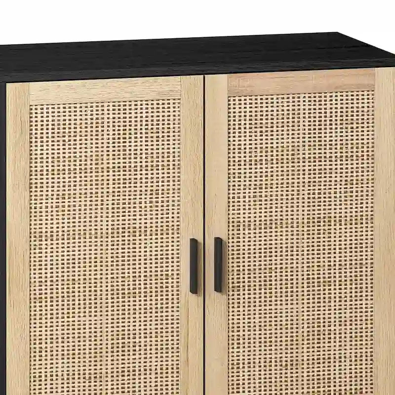 Mobile Contenitore a 4 Ante in Rattan con Piedini in Legno Massello