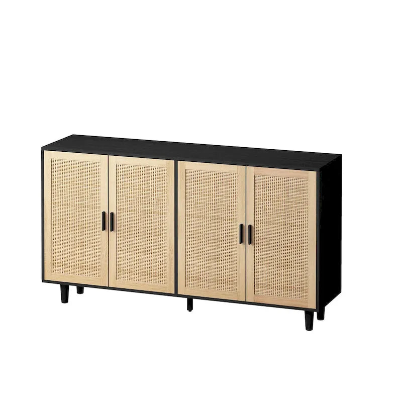 Mobile Contenitore a 4 Ante in Rattan con Piedini in Legno Massello