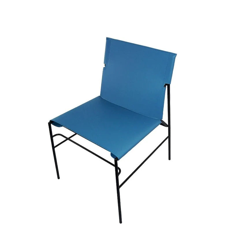 Sedia da pranzo minimalista in pelle con cuciture decorative, colore blu