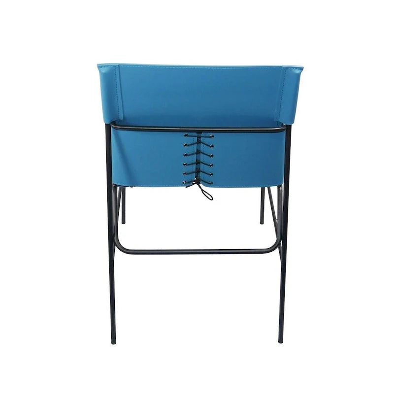 Sedia da pranzo minimalista in pelle con cuciture decorative, colore blu