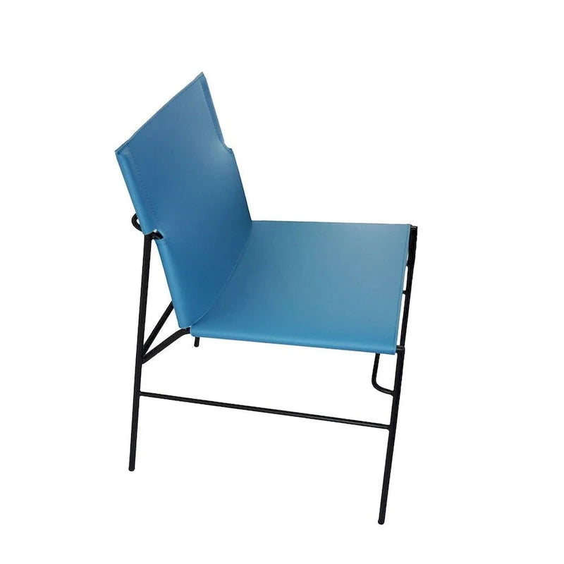 Sedia da pranzo minimalista in pelle con cuciture decorative, colore blu
